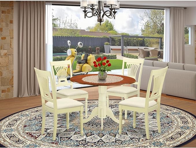 East West Furniture DLPL5-BMK-C 5 Piece Dinette Set for 4 Includes a Round Dining Table with Dropleaf and 4 Linen Fabric Dining Room Chairs, 42x42 Inch, Buttermilk & Cherry