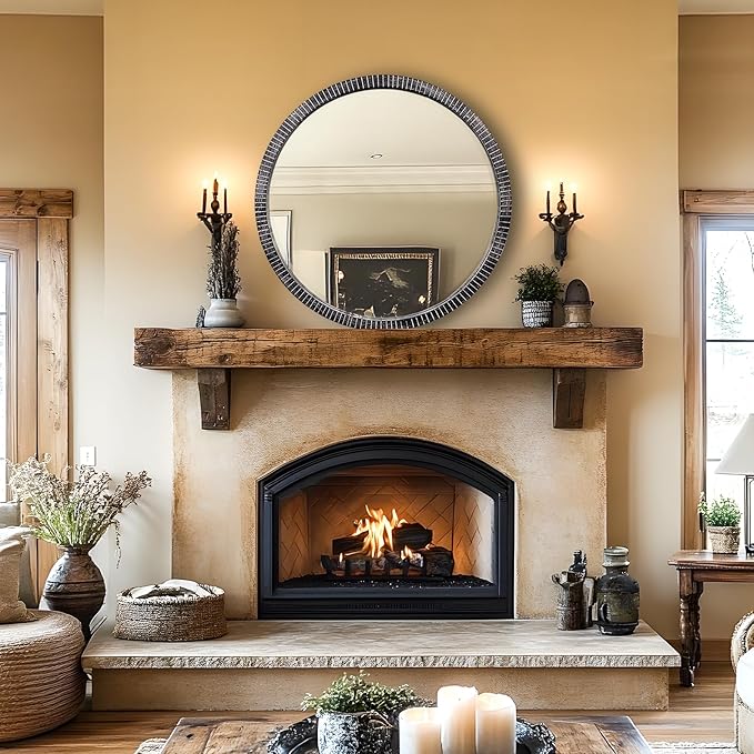 35" Round Wood Mirror, Rustic Circle Wall Mirror with Beveled, Wooden Round Mirror for Wall Decor, Decorative Wall-Mounted Mirror for Entryway, Living Room, Washed Black Frame