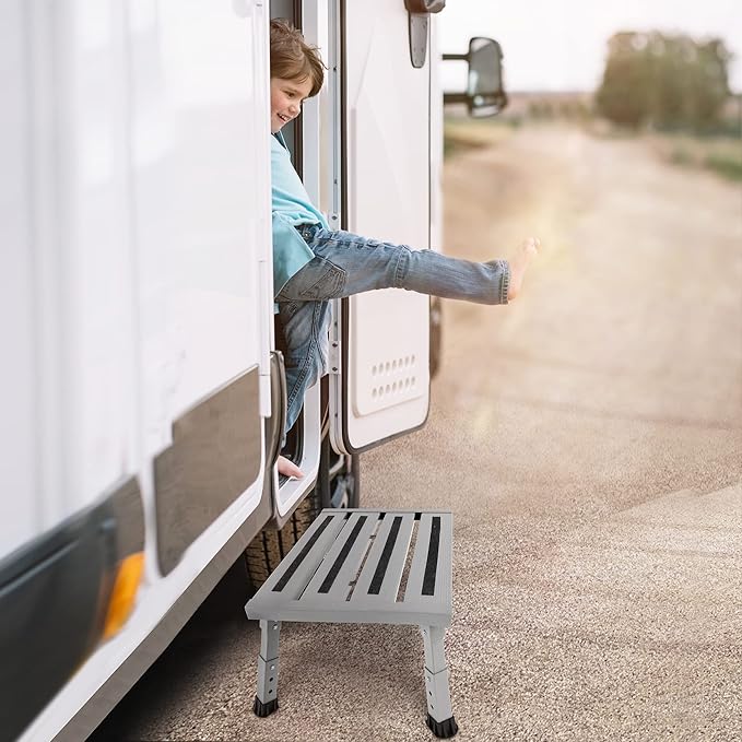 Adjustable Height Aluminum RV Step, Stable Foldable Platform Step Stool, Supports Up to 1,000 lb, Non-Slip Rubber Feet and Platform Mat, Easy to Carry (Silver)