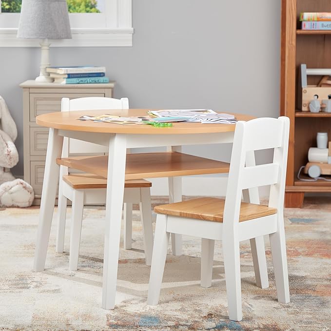 Melissa & Doug Wooden Round Table and 2 Chairs Set – Kids Furniture for Playroom, Light Woodgrain and White 2-Tone Finish Two-Tone Round Wooden Toddler And Kids Table And Chairs Activity Furniture Set