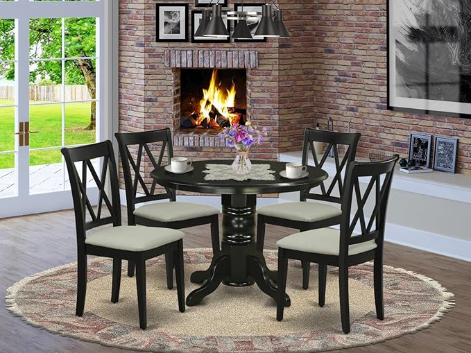 East West Furniture SHCL5-BLK-C 5 Piece Dinette Set for 4 Includes a Round Kitchen Table with Pedestal and 4 Linen Fabric Kitchen Dining Chairs, 42x42 Inch, Black