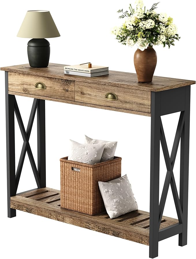 ChooChoo Farmhouse Console Table with Drawer for Entryway, Narrow Long Entry Table with Shelf for Living Room, Rustic Vintage Hallway Sofa Table with Stable X Supports, 40 Rustic Oak & Black