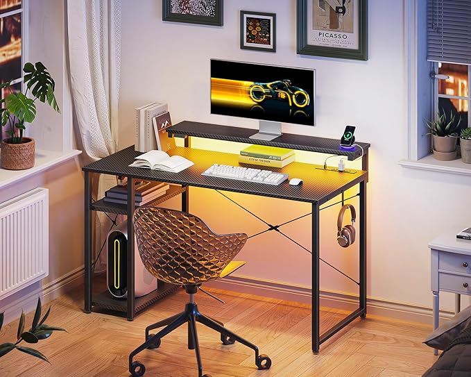 MOTPK 40 Inch Small Gaming Desk with Storage & Led Lights, Computer Desk with Power Outlet & Shelf, Reversible Gamer Desk with Adjustable Monitor Stand, Carbon Fiber Texture Black