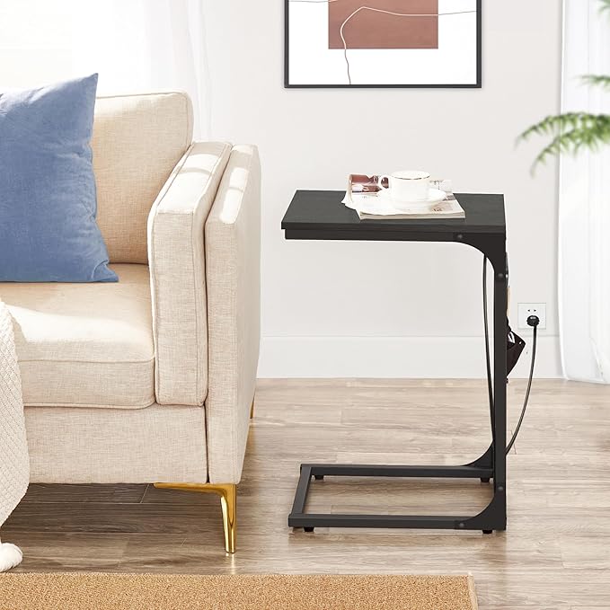 TUTOTAK C Shaped End Table with Charging Station, Side Table for Sofa, Couch Table with Storage Bag, Set of 2, TV Tray Table with 2 USB Ports and Outlets for Living Room, Bedroom, Black TB01BK0242