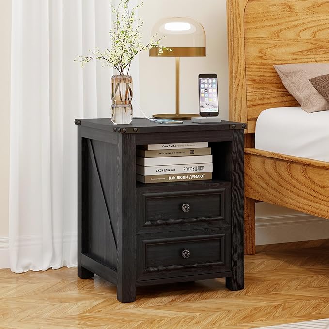 Farmhouse Nightstand with Charging Station, 18” Wide End Table with 2 Drawers Living Room Wood Sofa Side Table with Storage, Small Night Stand for Bedroom, Black