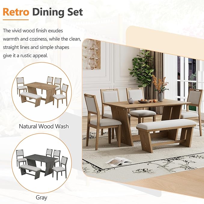 Merax 6-Piece Retro Dining Set, 1 Rectangular Table with Stable Trapezoidal Table Base and 4 Upholstered Chairs and 1 Bench for Dining Room and Kitchen, Natural Wood Wash