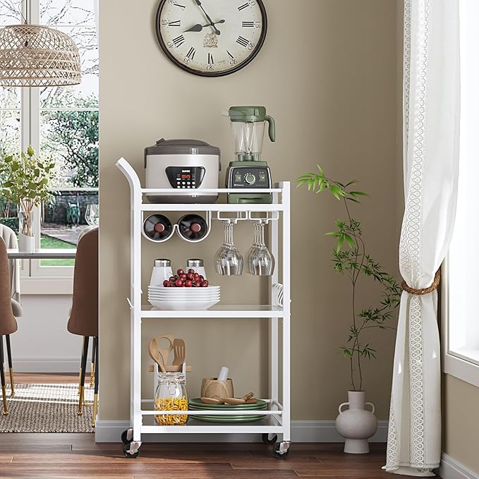 TUTOTAK Bar Cart, Home Bar Serving Cart with 3-Tier Mirrored Shelf, Mobile Kitchen Shelf, Rolling Beverage Cart, White BC01BW034