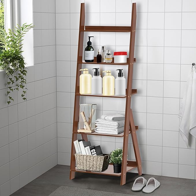DOUSY-5-Tier Ladder Shelf Bookcase, Bamboo Ladder Bookshelf Leaning Book Shelf, Freestanding Storage Shelf Boho for Living Room, Home Office, Bedroom, Balcony, Walnut