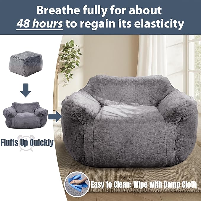 Large Bean Bag Chairs for Adults - Oversized Memory Foam Filled Bean Bag Sofa | Fluffy Adult Bean Bag Chair, Big Bean Bag Chairs for Living Room, Bedroom & Dorm - Dark Gray