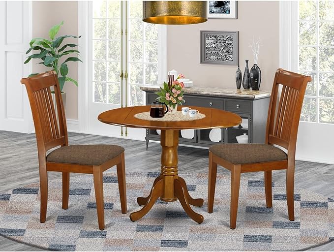 East West Furniture DLPO3-SBR-C 3 Piece Kitchen Table & Chairs Set Contains a Round Dining Room Table with Dropleaf and 2 Linen Fabric Upholstered Dining Chairs, 42x42 Inch, Saddle Brown
