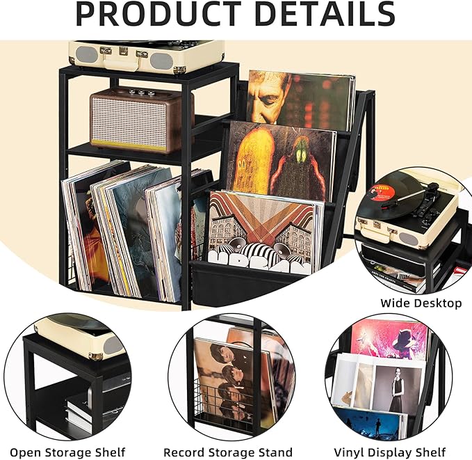 LELELINKY Black End Table,Record Player Stand with Vinyl Storage,3 Tier Side Table with Display Shelf Storage Up to 180 Albums, Large Record Holder for for Media Stereo Speaker, Amplifiers, Magazines