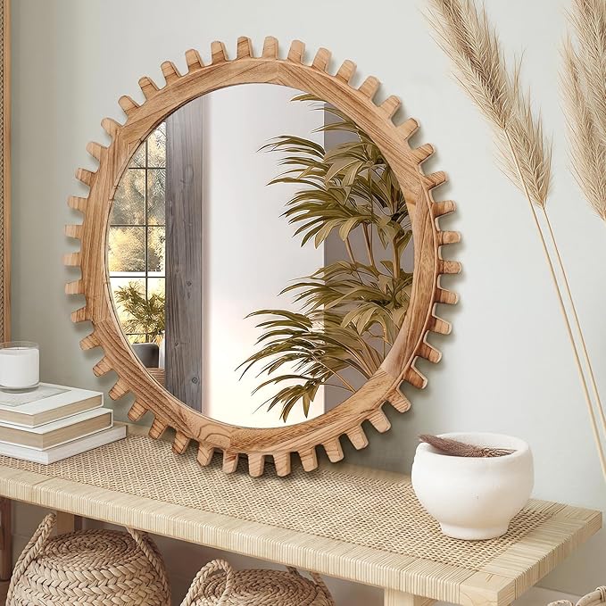 ULIKE Round Wood Mirror, 30 Inch Rustic Farmhouse Circle Mirror with Wooden Frame, Mordern Wall Decor for Bathroom Nursery Bedroom Living Room Entryway, Brown