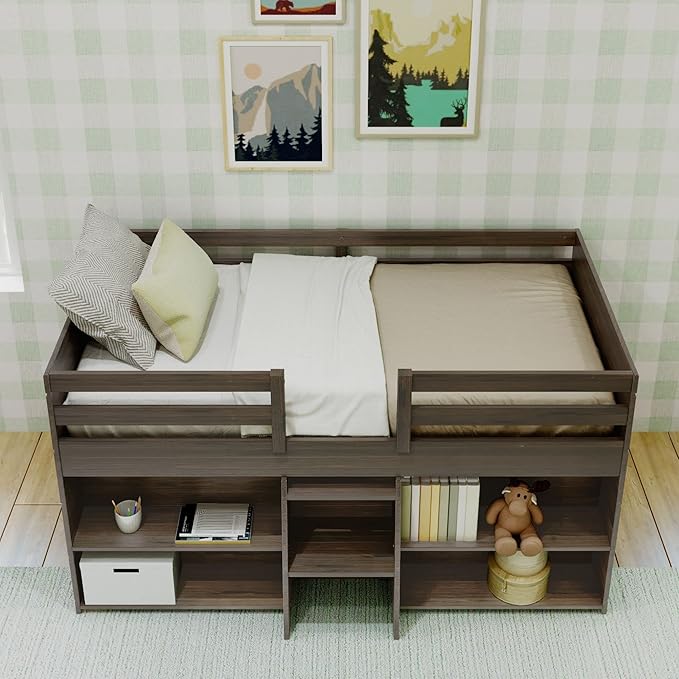 Max & Lily Modern Farmhouse Low Loft Bed, Twin Bed Frame for Kids with 2 Bookcases, Barnwood Brown