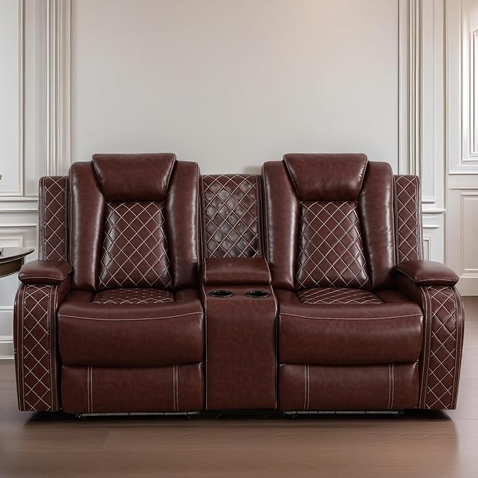 Loveseat Recliner Sofa, Reclining Loveseat Leather Couch with Storage Console, Modern Comfy Home Theater Seating Power Recliner Chair with Cup Holders for Living Room Furniture Sets, Red