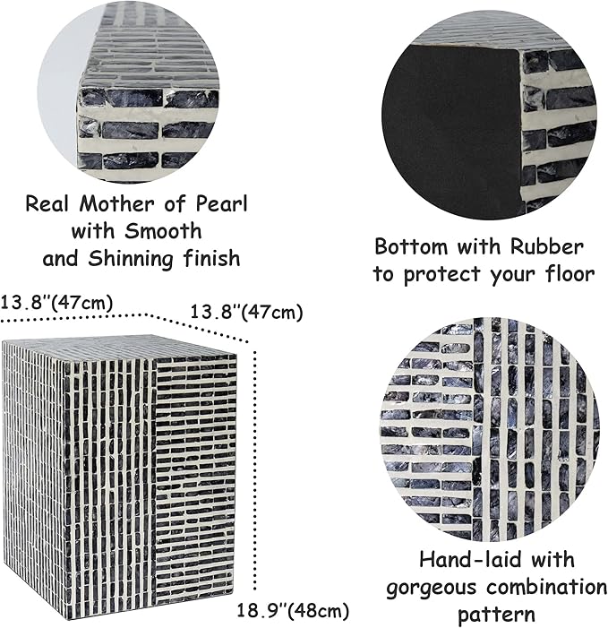 PEMAR Capiz Shell Square Drum End Table Side Accent Table Contemporary Mosaic Deco Patio Coffee Boho Décor Modern Nightstand & Vanity Stool (Dark Grey & White Stripes)