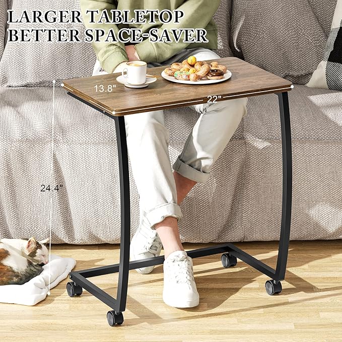 SRIWATANA Side Table, C-Shaped End Table with Rolling Wheels,Rustic Sofa Couch Table for Laptop Coffee Snack, Dark Walnut