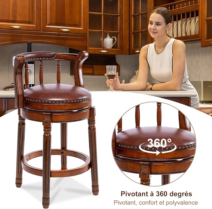 Cow top Leather Wooden Bar Stools, 360 Degree Swivel Bar Height Chair with Backs for Home Kitchen Counter, Morden Chair Barstools (Brown 1pc, Counter Height-Seat Height 26”)