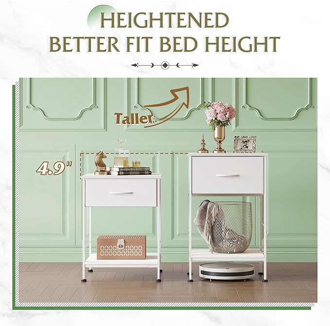 WLIVE Night Stand Set 2, White Nightstand with Fabric Storage Drawer and Open Wood Shelf, End Tables Dresser for Bedroom, Bed Side Table, Dorm, 25.03" Height
