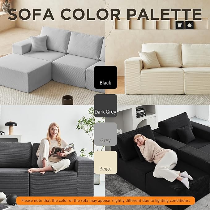 INGEROOM 108" Cloud Sectional Couch, Modular Sectional Sofa with L-Shaped Chaise, Modern Plush Corduroy Couch for Living Room Bedroom(Black)