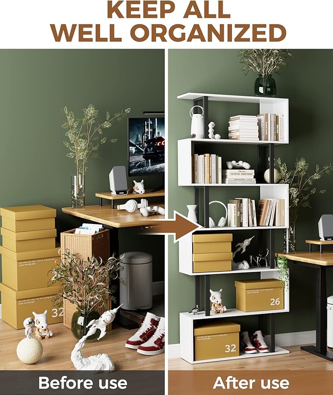 Gadroad 6 Tier Geometric Bookcase,S Shaped Bookshelf, Wood Decorative Storage Shelving, Modern Freestanding Display Shelves, Tall Book Shelf Unit for Living Room Bedroom, White