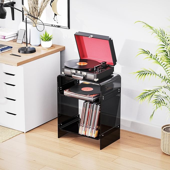 Acrylic Record Player Table with Storage Shelf, Clear Side Table Nightstand (Black)