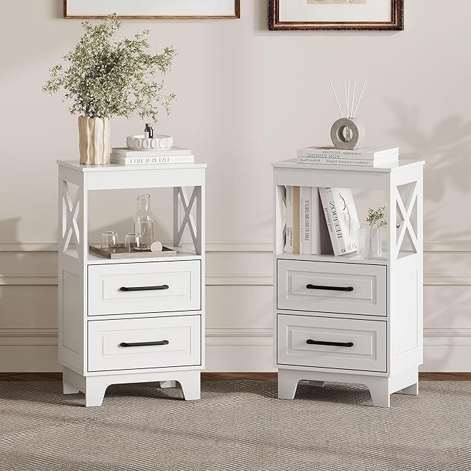 Tall Nightstand Set of 2 Side Table with 2 Drawers Modern Night Stand Wooden End Table Bedside Table with Upper Open Shelf Solid Feet for Bedroom, Living Room, White