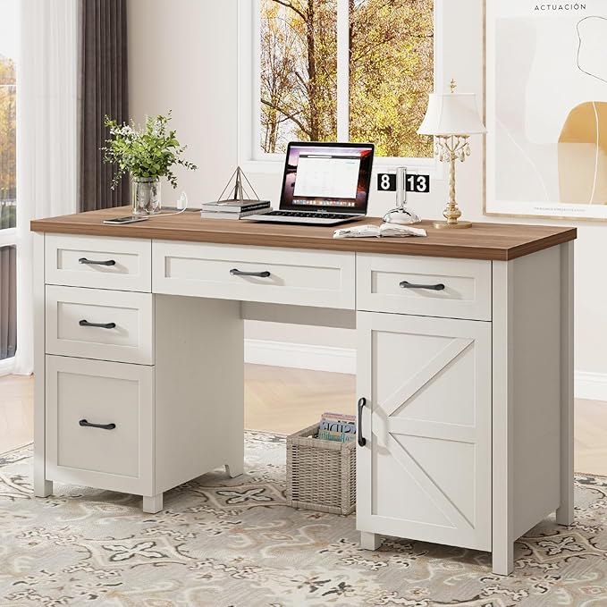 Farmhouse 61'' Executive Desk with 5 Drawers, Rustic Office Desk Computer Desk with Charging Station, File Drawers and Storage Cabinet, Wood Workstation for Home Office and Study.(Brown Top)