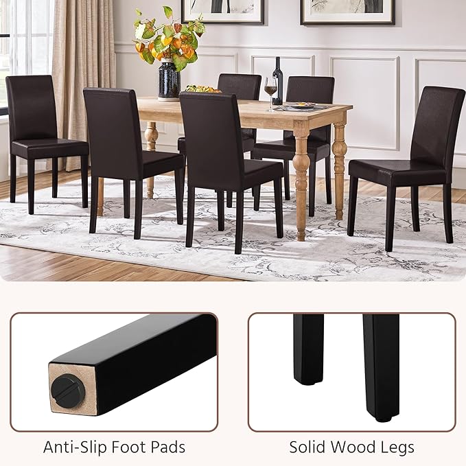 Yaheetech Dining Chairs Set of 6 Faux Leather Modern Dining Room Chairs with Rubberwood Legs and Padded Seat for Kitchen/Living Room/Restaurant, Dark Brown
