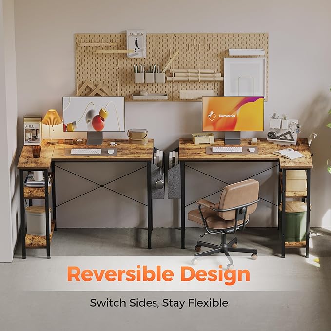 Small L Shaped Computer Desk with Power Outlets, Gaming Desk for Small Spaces, Corner Desk with Reversible Storage Shelves, Study Writing Table for Home Office (Socket, Rustic Brown, 40 inch)