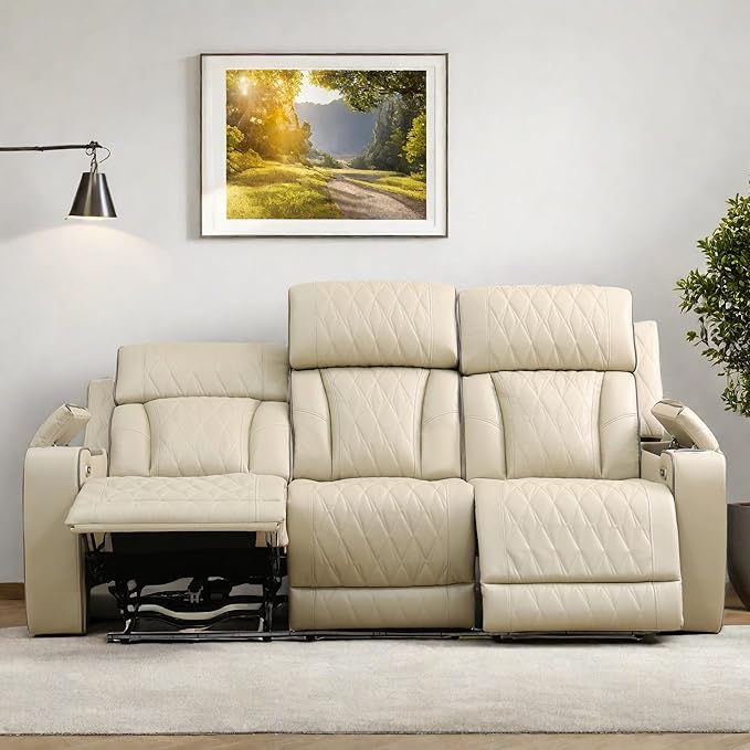 Leather Recliner Sofa Couch, 3-Seater Home Theater Seating Reclining Sofa, Power Reclining Couch with Cup Holders & Drop Down Table for Living Room Furniture Sets, Khaki