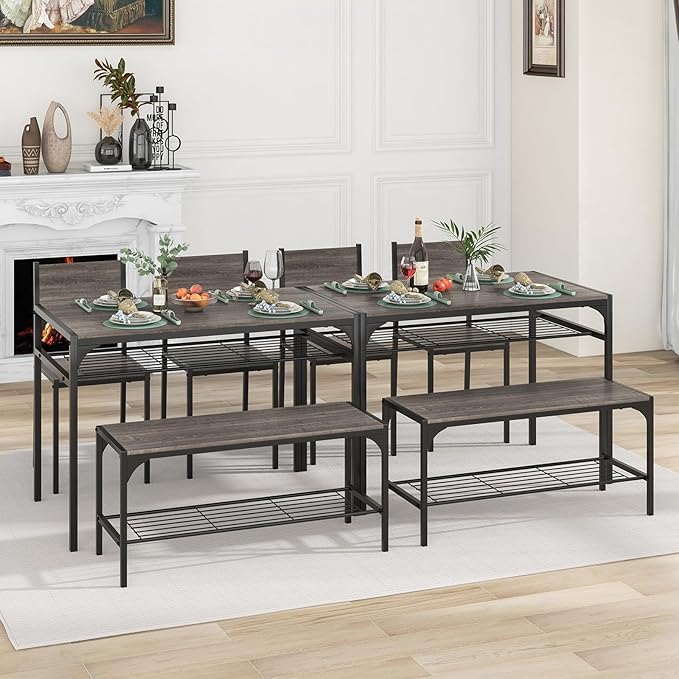Giantex Dining Table Set for 4, Kitchen Table with Chairs & Bench, Storage Racks, Metal Frame, 4-Piece Space-Saving Dinette Set for Dining Room, Breakfast Nook, Small Space, Apartment, Grey