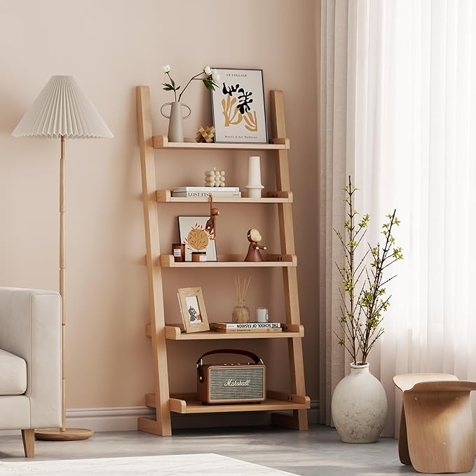 Wooden Ladder Shelf with Edges, 5-Tier Modern Leaning Bookshelf Ladder – Stylish Space-Saving Bookcase for Living Room, Bedroom & Home Office