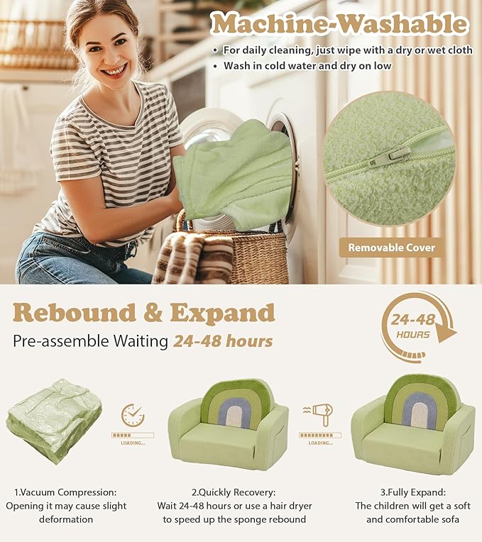 Kids Couch, 2-in-1 Soft Toddler Couch Fold Out with Blanket, Comfy Toddler Chair, Convertible Sofa to Lounger, Convertible Sofa to Lounger, Gifts for Kids Girl Boys, Medium Green Rainbow