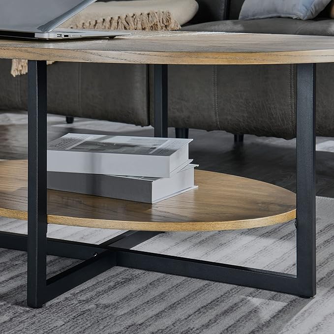 Solid Wood Oval Coffee Table with Cross Metal Legs, 43.3in Modern Industrail Center Table with Open Shelf Cocktail Tea Table for Living Room Bedroom, Rustic Nature 1811