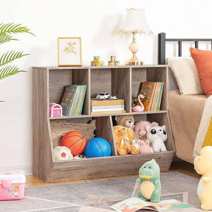 HOOBRO Kids Bookshelf, Bookcase Footboard, Toy Storage Cubby, Children's Toy Shelf, 35.4" L Toy Storage Cabinet, Fit for Children's Room, Playroom, Hallway, Kindergarten, Greige BG32CW01
