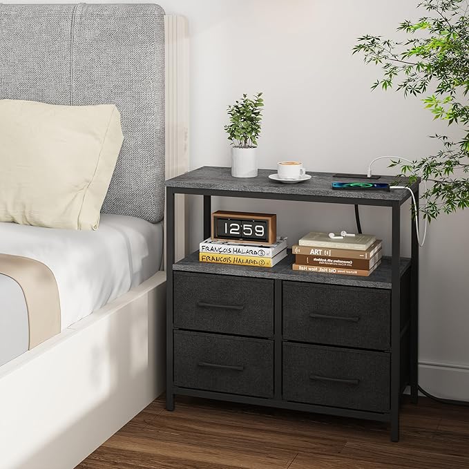 TUTOTAK Large Night Stand with Charging Station, Nightstand with USB and Type-C Port, Bedside Table with Cloth Drawers, End Table for Livingroom, Bedroom, Charcoal Grey TB01BY081