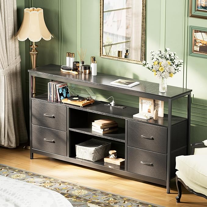 Huuger TV Stand Dresser with Power Outlets and LED Lights, 4 Drawers Entertainment Center with Shelf, 54 Inch Media Console for 55 60 Inch TV, 4 AC Outlets, 2 USBs, Dresser with PU Finish, Black