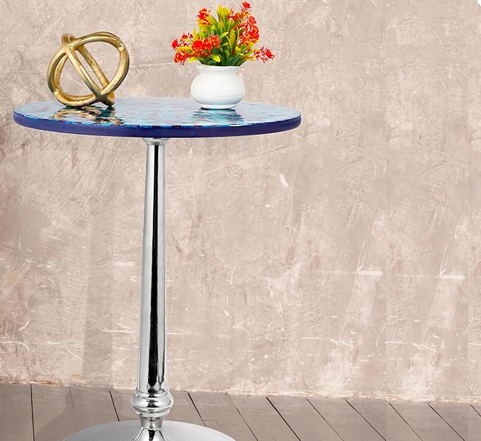 CLEENTABLE Mosaic Round End Table for Living Room & Bedroom - Artistic Coffee Side Table with Polished Aluminum Legs, Enamel-Coated Top, Lightweight Design, Easy Assembly (Blue Silver)