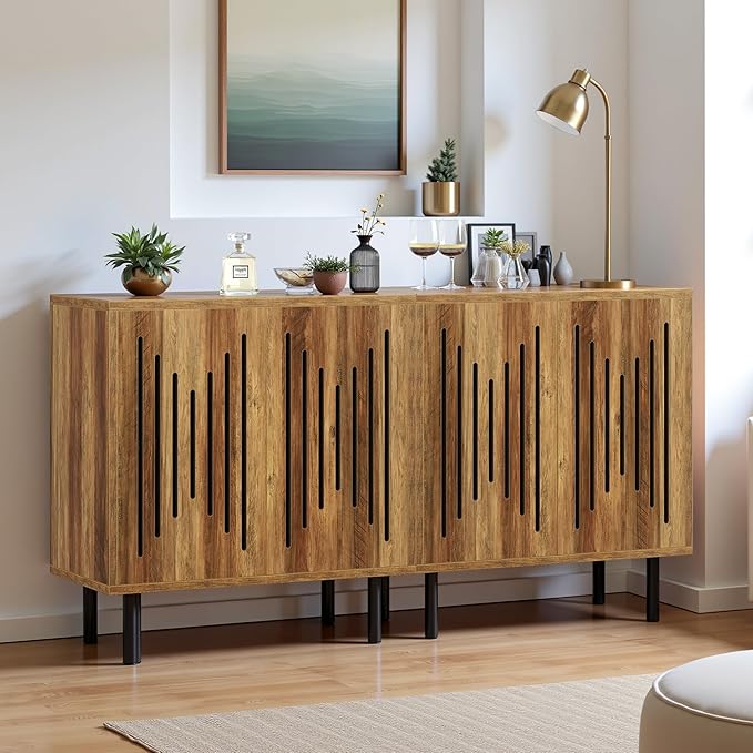 59" Sideboard Buffet Cabinet with Storage, Kitchen Buffet Storage Cabinet Set of 2, Modern Sideboard with Doors & Adjustable Shelves for Living Room, Kitchen, Hallway, Brown