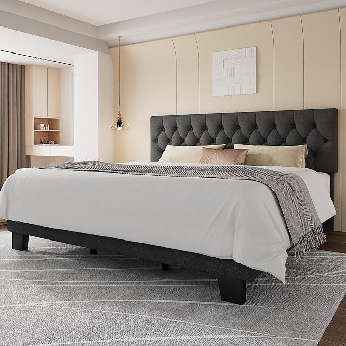 Feonase King Size Platform Bed Frame, Upholstered Bed with Button Tufted Headboard, Heavy Duty Wooden Slats & Thickened Feet, No Box Spring Needed, Noise-Free, Easy Assembly, Dark Grey