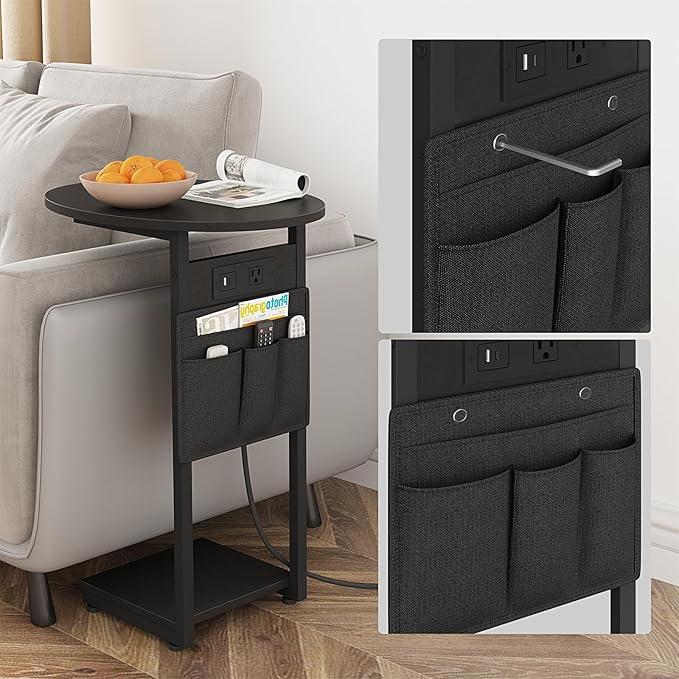 Vagusicc C Shaped End Table with Charging Station, Small Side Table for Couch, TV Tray Slide Under Sofa Table for Living Room Bedroom, Round Couch Side Table C Table for Sofa, Black