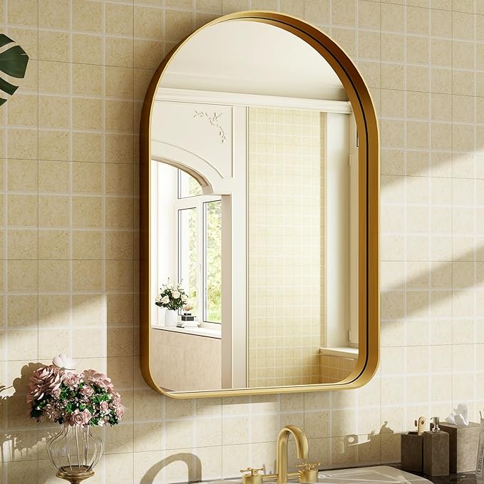 Arched Bathroom Mirror - 30x20 Inch Gold Bathroom Mirror for Wall - Aluminum Alloy Framed Mirror - Arched Top Bathroom Vanity Mirror for Living Room, Bedroom, Mantel, Entryway, and Hallways