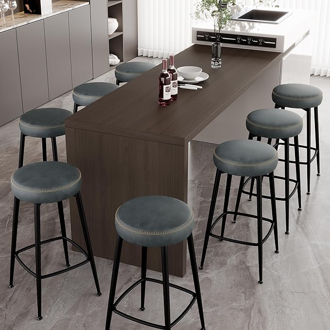 Counter Height Bar Stools, 26" H Backless Bar Stools Set of 2, Upholstered Faux Leather Kitchen Counter Stools, Mid Century Modern, Kitchen Island Home Bar, Pub, Black Blue