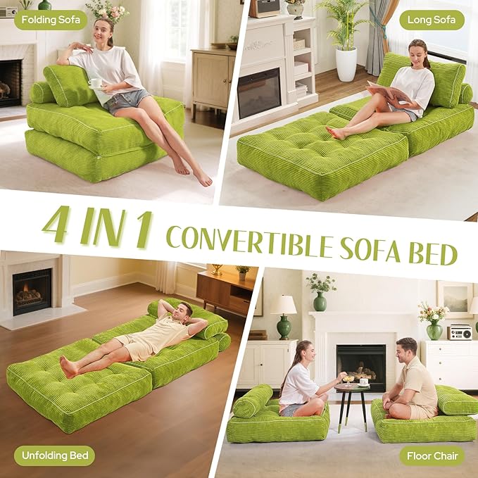 HABUTWAY Folding Sofa Bed, Convertible Sleeper Chair Bed w/Dual-Pillow & Handle, Foldable Floor Sofa Lounge w/Back Support for Living Room, Bedroom, Apartment, Office, Green