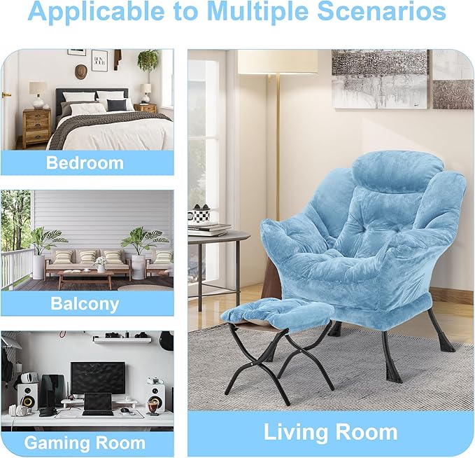 Fabric Lazy Chair with Ottoman, Oversized Upholstered Sofa Chair for Adults, Plush Comfy Lounge Chair with Large Side Storage Pocket, Reading Chair for Living Room, Bedroom, Study Room, Blue