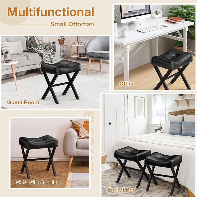 18-Inch Leather Vanity Stool Chair, Vanity Bench with Metal X-Leg, Ottoman Foot Stool with Thick Padded Saddle Seat, Black