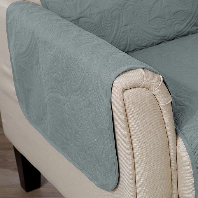 Medallion Stitched Solid Furniture Protector Stain Resistant Durable Furniture Protector Elenor Collection (Chair, Mirage Gray/Flax)