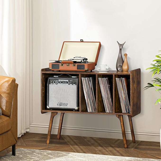 Lerliuo Record Player Stand with 4 Cabinet Holds Up to 220 Albums, Large Turntable Stand with Beech Wood Legs, Mid-Century Record Player Table,Retro Brown Vinyl Holder Storage for Bedroom Living Room