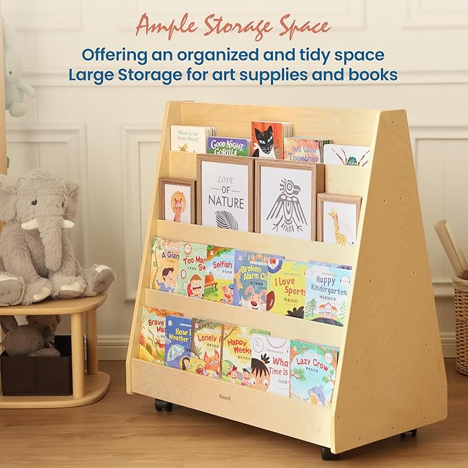 Kids Bookshelf for Toddlers and Babies, Double-Sided Wooden Montessori Bookshelf for Kids Room, Baby Book Shelf with Storage for Nursery, Classroom, Playroom