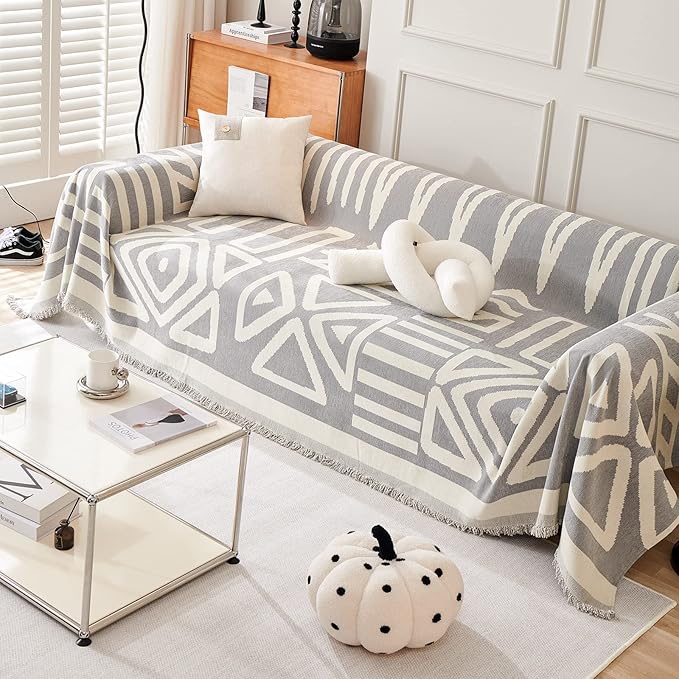 STACYPIK Boho Grey Sofa Cover Furniture Protector Couch Soft with Tassels for Kids Jacquard Triangle Couch Cover for Loveseat Cover Reversible Non Slip Sofa Cover Pets Dogs Friendly Home Decor-71X71IN